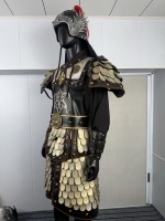 Vestes et Manteaux d'Officier Chinois Ancien, Costume de Guerrier Lamellaire Beige Antique, Casque à Ailes de Phénix, pour Reconstitutions Historiques