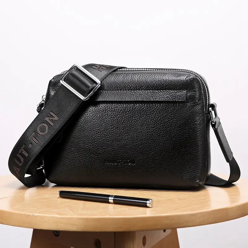 Custom Logo Business Zip Handbag Crossbody Men's Sling Shoulder Bags Genuine Leather Messenger Bag For Men