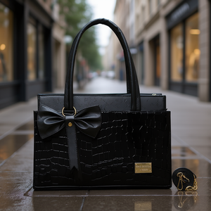 Bolso de Compras Grande de Piel Sintética Negra con Diseño de Cocodrilo para Mujer, Marca Fana Corina, con Asas Dobles y Cierre de Cremallera - Product Image 2