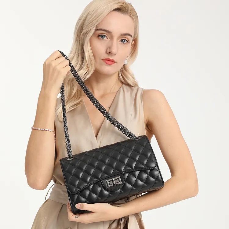 HEC Quilted Crossbody Bags for Women Leather Ladies Shoulder Purses with Chain Strap Stylish Clutch Purse