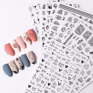 En vrac <span class=keywords><strong>manucure</strong></span> populaire adhésif presse sur les ongles colle <span class=keywords><strong>noir</strong></span> blanc fleurs amour français romantique dessin animé nouveau décalque nail art autocollant - Product Image 3