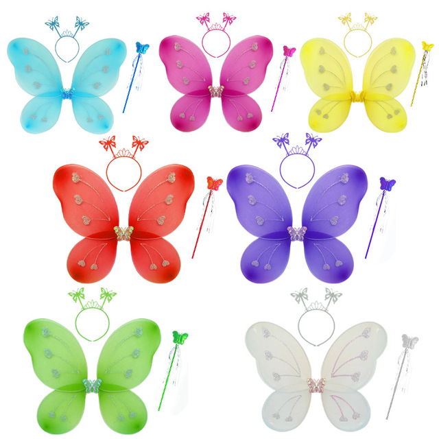 Butterfly Wings for Kids Three-Piece Headband Fairy Wand Head Buckle Durable Lovely Butterfly Wings S009