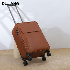 Dujiang Genuine Leather <b>Trolley</b> Case 4 Wheels Zipper Closure Business Travel Luggage Brown - Product Image 1