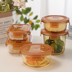 Bol rond en verre écologique au design moderne avec couvercle Boîte à lunch en ambre naturel Récipient alimentaire résistant à la chaleur pour les voyages - Product Image 3