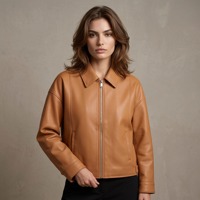 Veste en peau de mouton pour femme, couleur caramel, col raglan, fermeture éclair, ourlet élastique avec cordon de serrage, coupe ample, courte, décontractée, en cuir