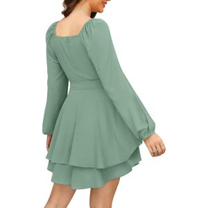 Vestido de Gasa para Mujer, Otoño, Manga Larga, Cuello Cuadrado, Corte en A, con Lazo, Corto, para Fiesta, Transpirable - Product Image 4