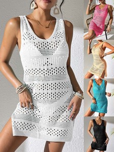 Vestido de playa sin mangas de punto de ganchillo para mujer, vestido corto hueco para cubrir el bikini, minivestido - Product Image 2