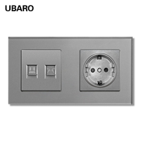Enchufe de Pared Combinado de Vidrio Templado Tipo 157, Enchufe Europeo Schuko de 16 A y 220 V con Puerto de Red RJ45 para TV y Corriente Débil