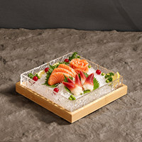 Assiette à sashimi carrée en acrylique personnalisée en gros, texture glacée, plateau individuel pour sushi avec base en bois