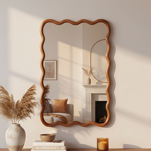 Yellowish Brown 24x36 Wavy <b>Rectangle</b> Solid Wood Frame Decorative <b>Mirror</b> <b>For</b> Bedroom Bathroom Living Room Entryway - Product Image 2