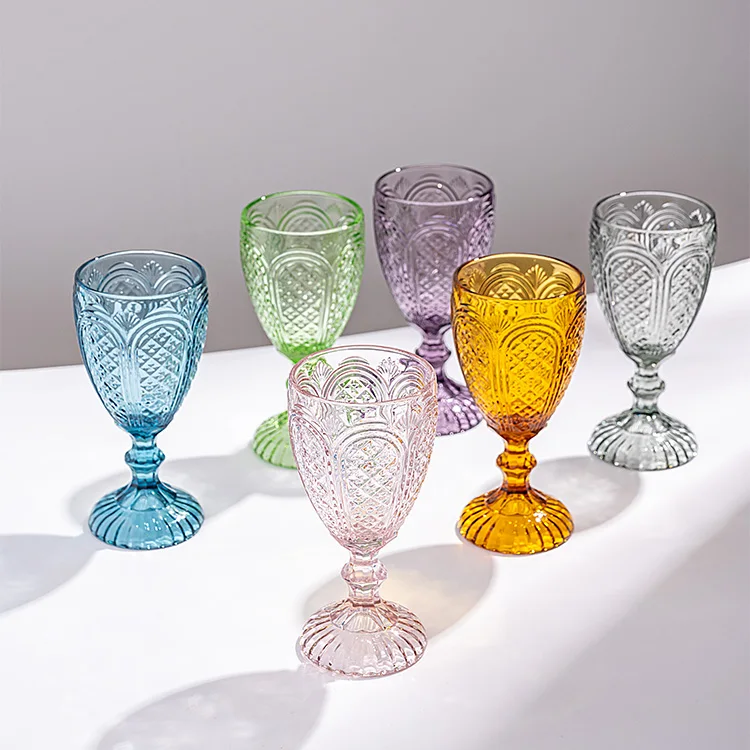 Vintage wine goblet glass Embossed Design Glassware Pressed Machine pressed glass color wine glasses carved water goblet