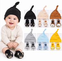 Ensemble bonnet et chaussettes en coton pour bébé, printemps-automne, avec visages d'animaux brodés, pour nouveau-nés garçons, usage quotidien, vente en gros d'usine