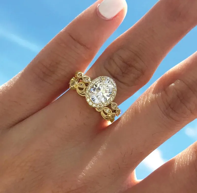Anel de casamento dourado 18k, conjunto de anel de casamento banhado a ouro 18k, joias de anel de ouro branco para mulheres