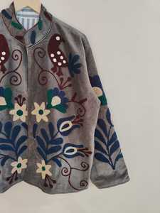 Boho Suzani <b>Velvet</b> <b>Jacket</b> Gray Coat with Colorful Bird Motifs Handmade Gray <b>Velvet</b> Suzani <b>Jacket</b> with Bird & Floral Embroidery - Product Image 3