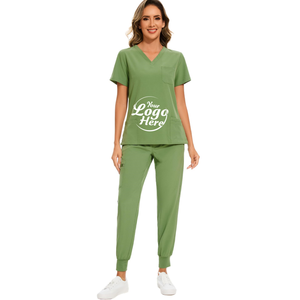 Ensemble d'uniformes médicaux pour infirmières - Haut et pantalon de jogging en tricot 100% polyester (pantalon cargo à col en V) 8 poches coupe droite - Product Image 6