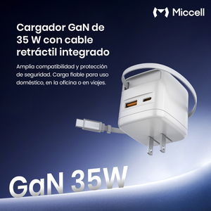 Cargador Miccell de 35 W GaN con Cable Retráctil Integrado y <span class=keywords><strong>Dos</strong></span> Puertos, Ideal para Viajes, Oficina y Hogar - Product Image 3