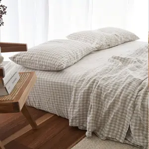 Atacado Pure gingham linho conjunto de cama Decorativo Folha de cama colcha com Lace Matching Cama Saia Colcha na Cama Case S
