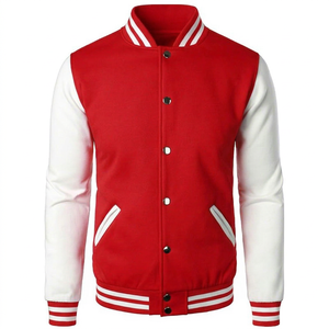 <b>Men</b> Red <b>White</b> Varsity <b>Jacket</b> Preppy Style Regular Fit Button Closure Turn Down Collar Solid Color Polyester Cotton Shell - Product Image 1