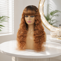 Perruque en cheveux humains bruns ombrés, ondulée profonde, fabriquée à la machine, avec frange complète, sans colle, sans dentelle, pour femme