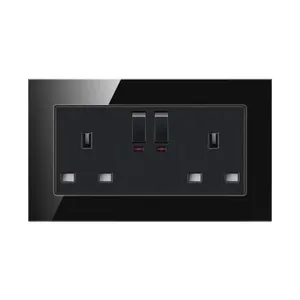 UK Standard 2 Gang Switch And Socket Black Glass Panel Double 13 Amp Wall Electric Socket