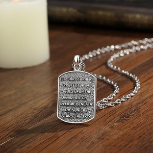 Pendentif rectangulaire Saint Christophe en cuivre plaqué argent lourd, émail noir, collier religieux de bénédiction pour homme - Product Image 4