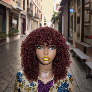 Ladies 14 Inch #99J Wine Red Bob <strong>Wig</strong> with for <strong>Pixie</strong> <strong>Curl</strong> Super Double Drawn Remy Brazilian Hair Featuring Light Brown Lace Bangs - Product Image 2