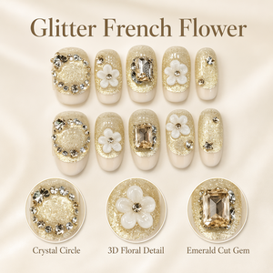 Faux ongles à presser faits main en acrylique avec paillettes et strass, couvrance totale, forme amande, motif floral blanc de luxe, élégants - Product Image 4