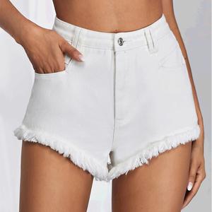 Venta barata, pantalones vaqueros elegantes de verano para mujer, pantalones cortos sexis de cintura alta ajustados con borlas y dobladillo, tela de Color inelástica, pantalones cortos de mezclilla para mujer en Stock - Product Image 2