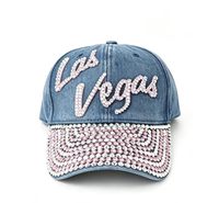 Casquette de baseball en jean 6 panneaux, best-seller, avec sangle réglable, rose et blanc, lettrage 'Las Vegas' en strass, finition délavée, plusieurs couleurs