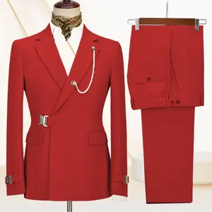 Elegante rojo azul real azul marino muesca solapa doble botonadura trajes de hombre conjunto boda esmoquin Blazer trajes de graduación 2 piezas (chaqueta + pantalón)