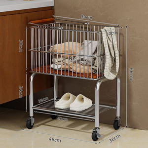 Carrito de Lavandería Rodante <span class=keywords><strong>para</strong></span> Ahorrar Espacio, con Estructura Resistente Cromada, Cesta <span class=keywords><strong>para</strong></span> Ropa con Barandal de Madera y Ruedas - Product Image 2