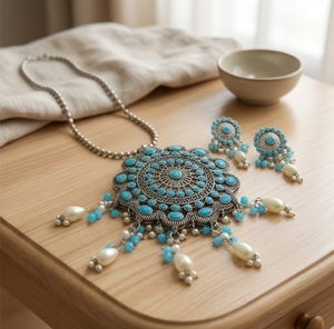 DIVYORO Oxidized Silver Turquoise <b>Blue</b> Stone Floral Pendant <b>Necklace</b> Earrings Set Elegant Designer Statement Party Anniversary - Product Image 1