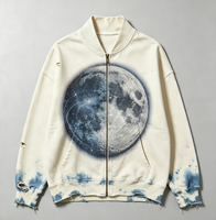 Blouson Bomber Zippé Déchiré et Vieilli à Imprimé Galaxie Lune Effet Soleil Décoloré, Style Streetwear Vintage, Tissu Lourd