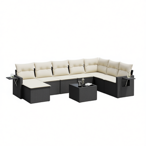 Conjunto de Sofás de Jardín en Negro y Crema, Muebles de Exterior de Ratán PE con Cojines de Espuma de Alta Densidad, Diseño Contemporáneo - Product Image 1