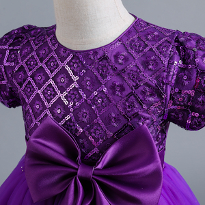 Robes à fleurs de style européen pour filles de 10 ans, robe de mariée brillante pour fille avec un grand nœud, robe de mariée à longue traîne à paillettes - Product Image 5