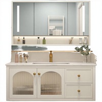 Meuble de salle de bain Wharton OEM moderne en bois massif avec lavabo en céramique, robinet en cuivre, évier mural, utilisation extérieure, miroir LED