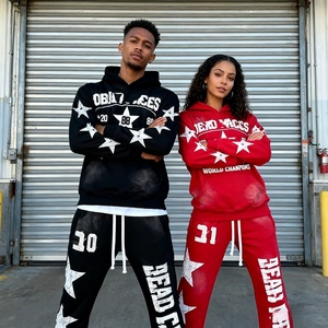 Conjunto de Sudadera con Capucha y Pantalones Deportivos Unisex con Parches Bordados y Efecto Desgastado, Lavado Ácido y Decolorado por el Sol, Estilo Urbano Personalizado - Product Image 2