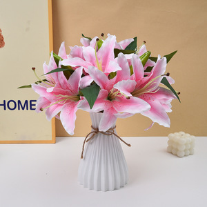 Ramo de Lirios Artificiales, 14 Cabezas, Flores de Seda Blancas y Rosas, Decoración para Bodas y Hogar, 50 cm de Alto, Duraderas, Hechas a Mano - Product Image 1