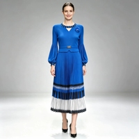 Robe plissée Miyake pour femme grande taille, longueur cheville, à volants, à rayures géométriques, avec ceinture à fleurs 3D, style peplum et manches lanternes