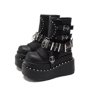 Botas Góticas Punk de Plataforma Robusta até a Panturrilha <span class=keywords><strong>para</strong></span> Mulheres, Estilo Britânico, Super Salto Alto com Tachas de Caveira, Zíper Lateral, Microfibra - Product Image 2