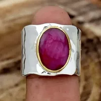 CAOSHI Klassische Glänzende Kreisförmige Silber- und Goldfarbene Messingringe mit Rotem Stein und Glas Zweifarbige Damen-Partyringe mit Breitem Band