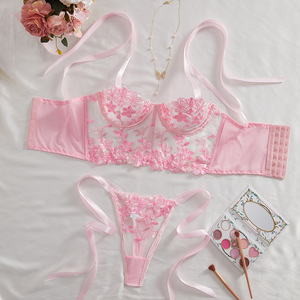 <b>Sexy</b> Mesh Flower Embroidered Bow Strap Bra Women Erotic Underwire Push up Lingerie <b>Set</b> - Product Image 1