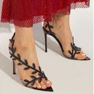 Top Quality Designer Luxury Brand Flavia Leaf Motif Crystal Metallic Leather <b>Sandals</b> Party Fashion Thin High Heel Shoes - Product Image 4