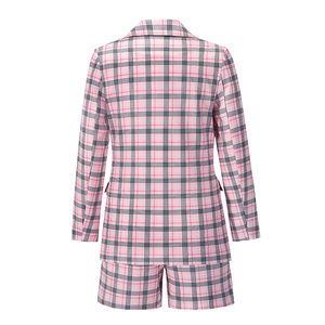 Blazer à carreaux rose chic pour femmes Vestes longues surdimensionnées pour femmes Office Lady Blazer élégant avec poches Vêtements d'extérieur stylés avec short - Product Image 6