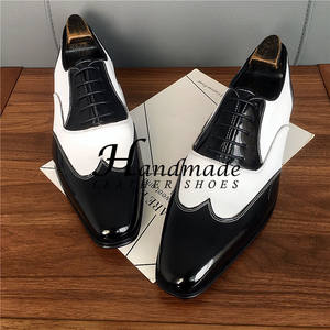 Chaussures habillées pour costumes, chaussures de soirée, chaussures pour hommes, chaussures en cuir véritable noir et blanc rétro, chaussures habillées en cuir brillant - Product Image 5