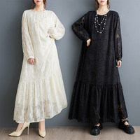 Nouvelle Robe Longue Femme 2026 en Jacquard Brûlé Transparent, Manches Évêque, Ourlet Volanté, Coupe Ample, Style Vintage, Grande Taille, Automne, Élégante et Chic, Vente en Gros