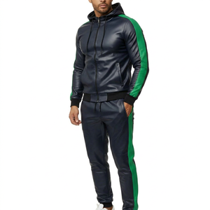 Men's Hooded PU Leather Tracksuit Set Dark Blue Green Color Block Slim Fit Sporty Style - Product Image 1