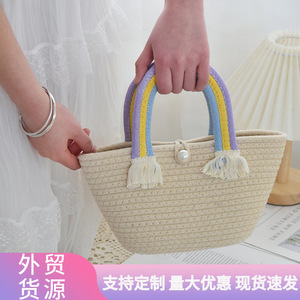กระเป๋าโท้ทผ้าฝ้ายสำหรับผู้หญิง สีพื้น หูหิ้วแบบทอ ประดับมุก ใช้ได้ทุกวัน ฤดูใบไม้ผลิ 2025 - Product Image 3