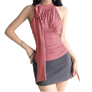 Women's <b>Purple</b> Halter Neck <b>Tank</b> <b>Top</b> With Bow Detail Solid Color Knitted Sleeveless Sexy Club Style <b>Top</b> - Product Image 5
