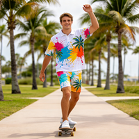 Ensemble polo et short pour homme, imprimé palmiers, extensible dans les quatre sens, sans plis, séchage rapide, idéal pour la plage et le golf en été